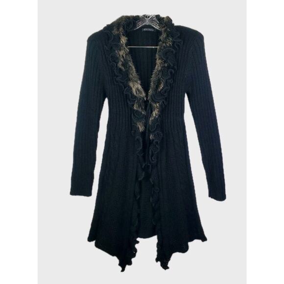 Vtg Mechant Wool Ruffle Fur Trim Open Tie Front Long Wool Cardigan Large Fashion - Picture 1 of 12